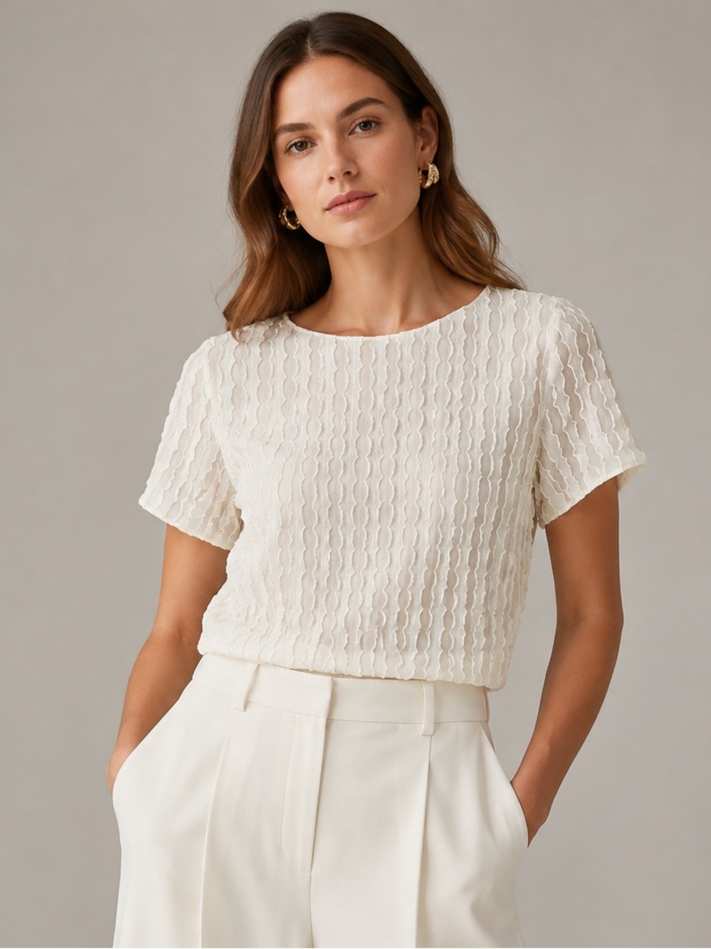 Blue Blush Cream Textured Blouse‎